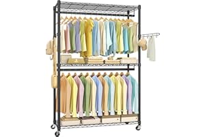 SONGMICS Heavy-Duty Rolling Clothes Rack, Garment Rack, Portable Closet, 43.3-Inch Wide Clothing Rack on Wheels, with Adjustable Mesh Shelves and Hanging Rails, Hooks, Ink Black ULGR414B01