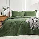 Hansleep Olive Green Quilt Queen Size - Damask Ultrasonic All Season Bedspread Queen, Soft Lightweight Coverlet Bedding Set, 3 Pieces (1 Quilt, 2 Pillow Shams)