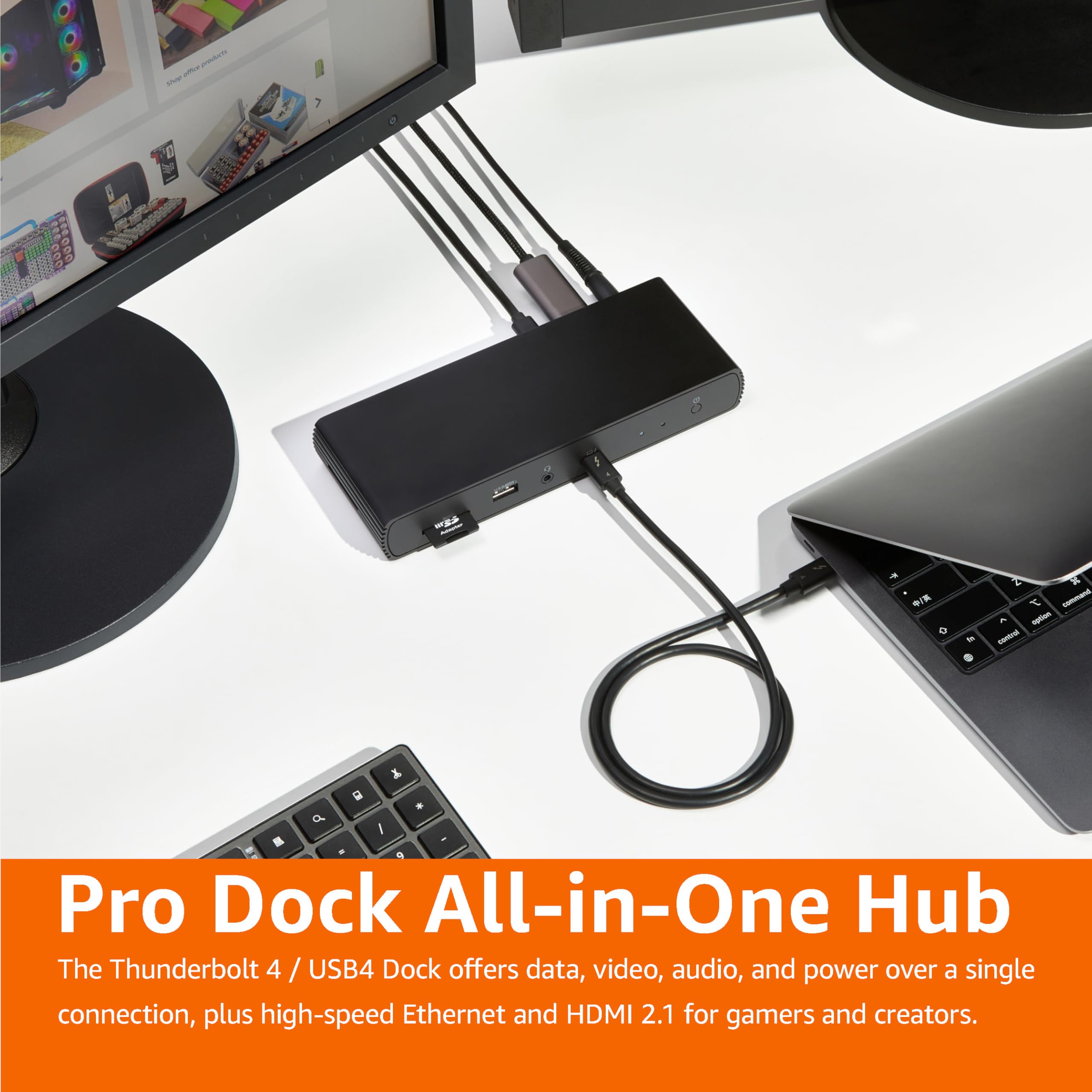 Amazon Basics Thunderbolt4/USB4 Pro Docking Station,2xTBT4,1xHDMI2.1,3xUSB A 3.1,RJ45,Dual Display, Black, 7.86 x 2.95 x 1.23 inches