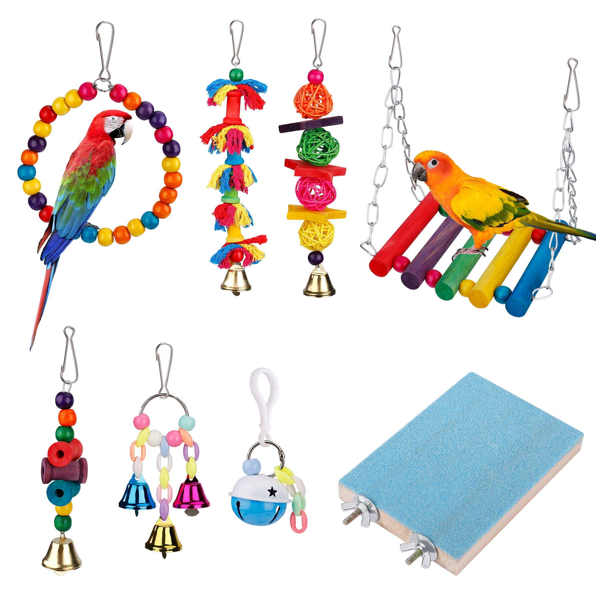 Bird Toy Parrot Swing Toys Bird Cage Toys Hammock Bell Swing Ladder Perch Chewing Toys for Parrots Parakeets Conures Macaws Finches 8 Pack