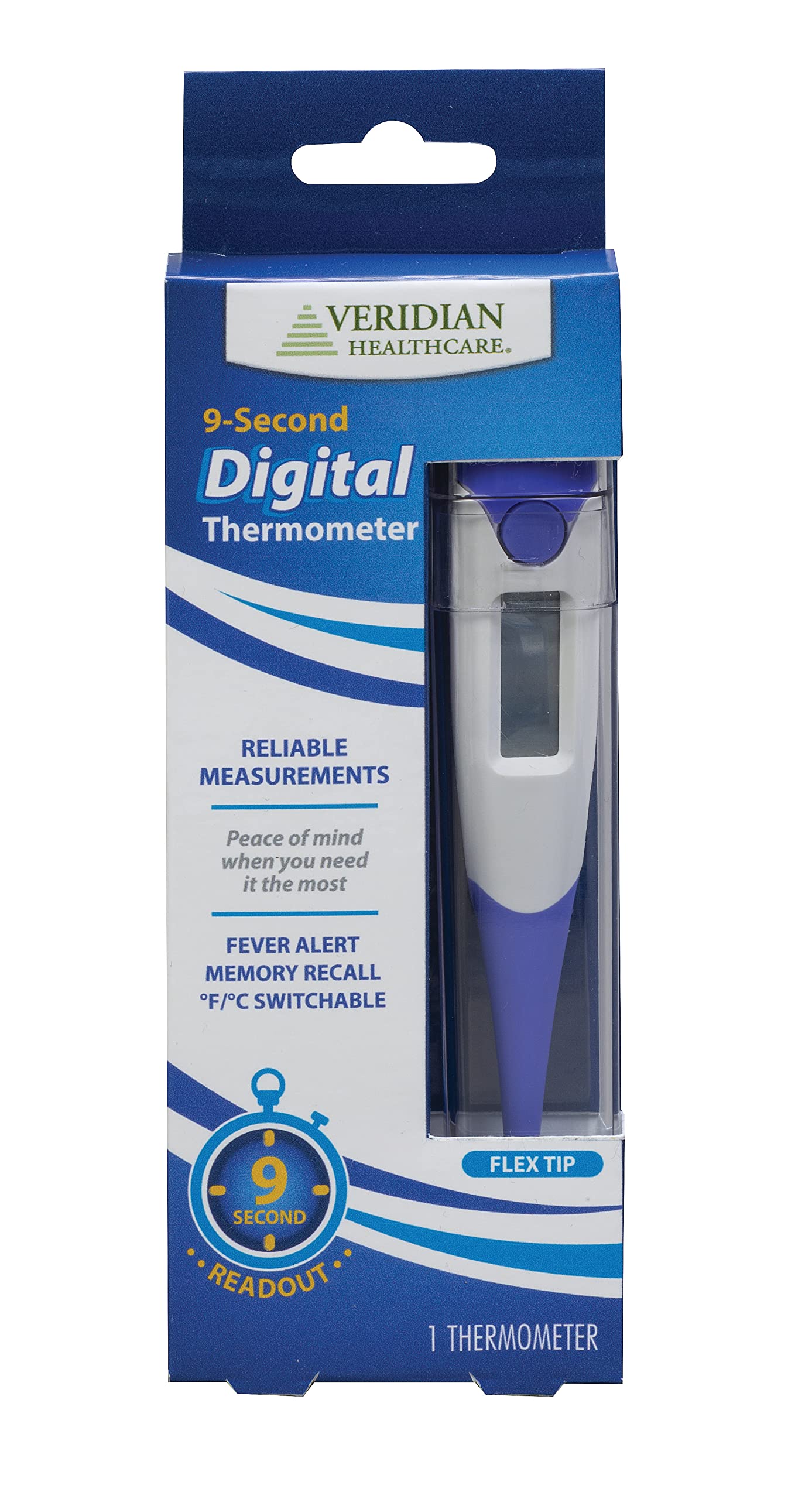 Veridian Digital Thermometer | 9-Second Readout | F C Temperature Modes| Flexible Tip | Hygienic Water-Resistant Easy Cleaning | Storage Case + Instructions Included