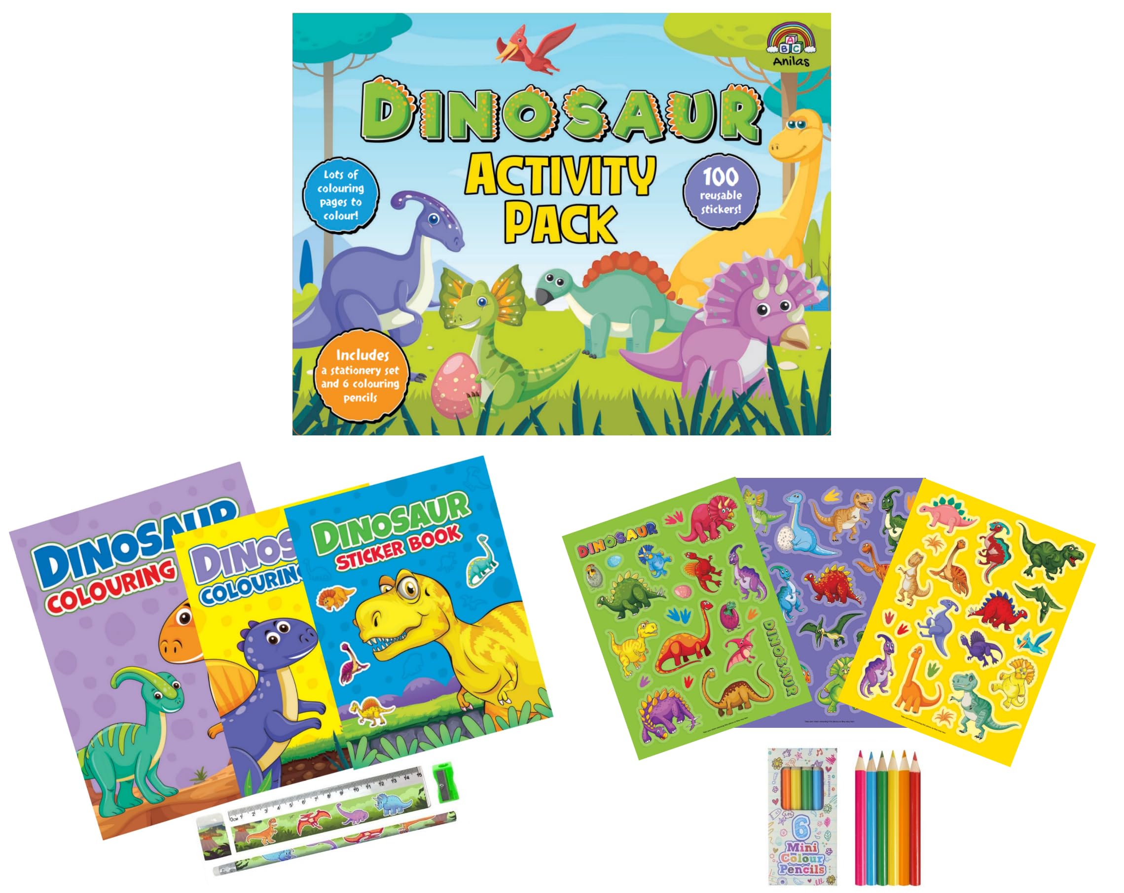 Anila's Dinosaur Activity Pack with Colouring Books, Sticker book, Stationery Set, Colouring Pencils & 100 Reusable Stickers.(Perfect for children aged 3-8). — image 1