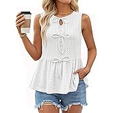 Zanvylia Women Summer Eyelet Peplum Sleeveless Tank Tops Crew Neck Y2K Babydoll Blouse Cute Bow Tie Front Flowy Shirts