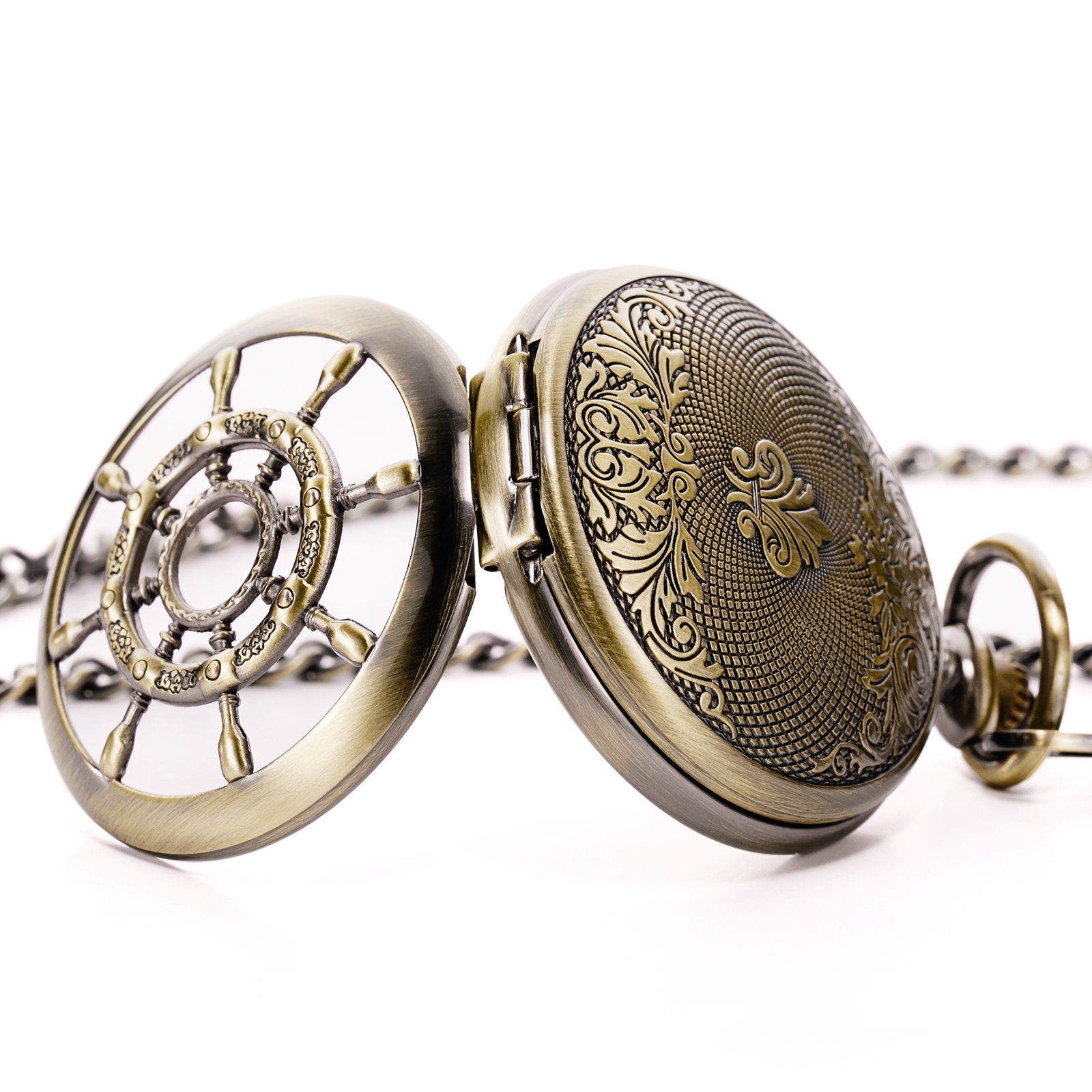 TREEWETO Bronze Rudder Pocket Watch Double Cover Roman Numerals Dial Skeleton Man Women Pocket Watches for Men
