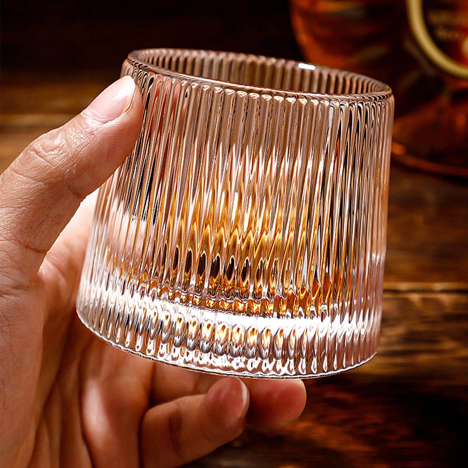 DAWNTREES Japanese Whiskey Glass,150ml Classic Vertical Lines Crystal Whisky Glasses,Ball Shaped Protrusion at The Bottom, Table top can Rotate 360 Degrees, Relax and Decompress for Men…