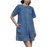 LifeShe Denim Dress for Women Summer Casual Short Sleeve Chambray Mini Jean Dresses with Pockets