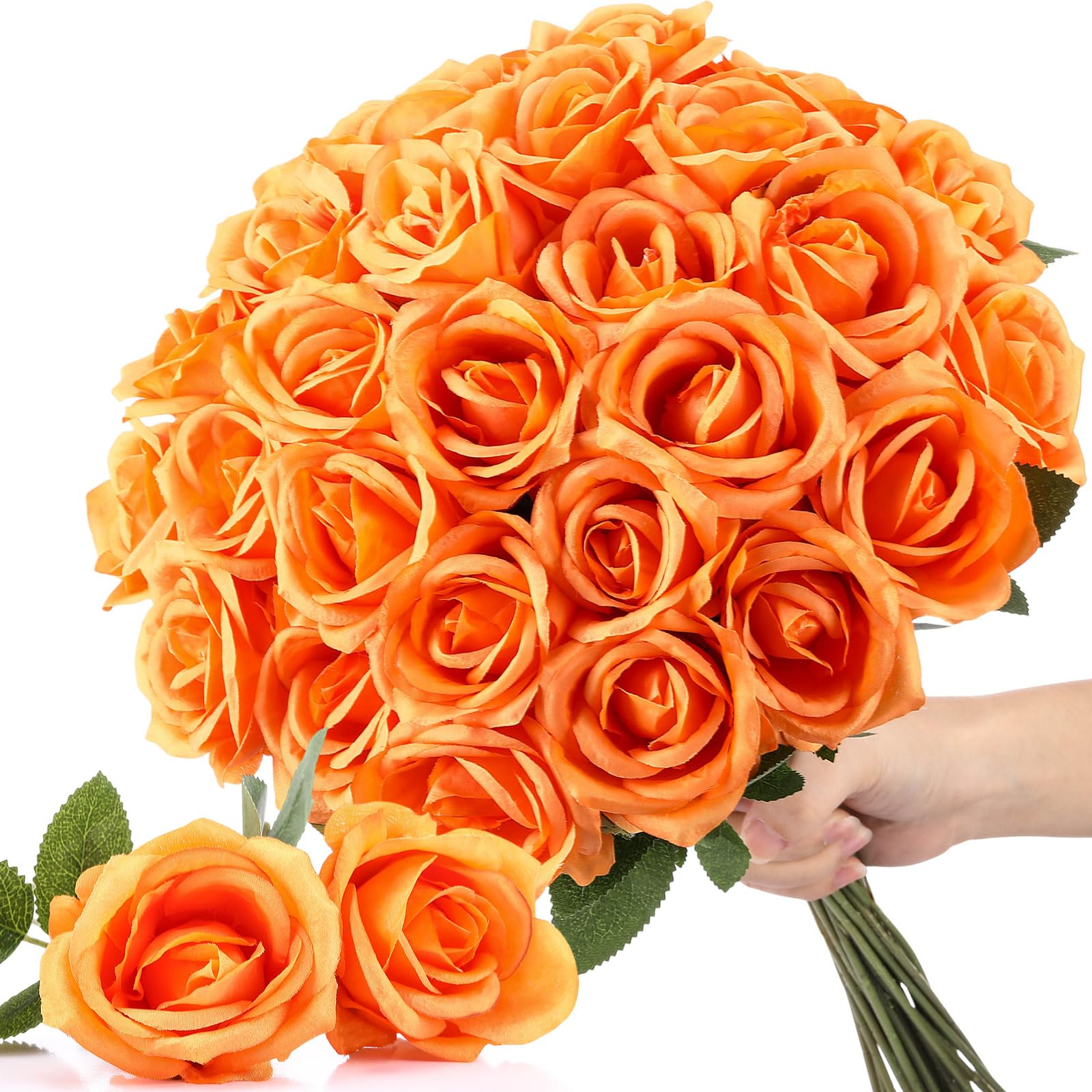 Photo 1 of Thiccywoov 30 Pcs Rose Artificial Flowers in Bulk Real Touch Long Stem Silk Roses Bouquets Realistic Faux Flowers for Wedding Bridal Shower Home Decor Floral Arrangements Table Centerpiece(Orange)