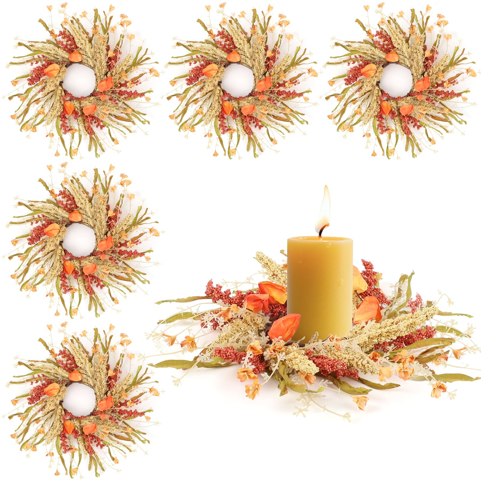 Photo 1 of 6 Pcs Fall Candle Rings 9 inch Thanksgiving Autumn Wreaths with Flowers for Tables Artificial Farmhouse Candle Rings Wreath for Front Door Porch Wall Window Decorations