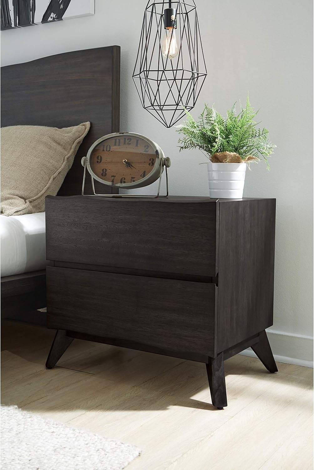 Solid Wood Two Drawer Nightstand in Grey Modern Contemporary
