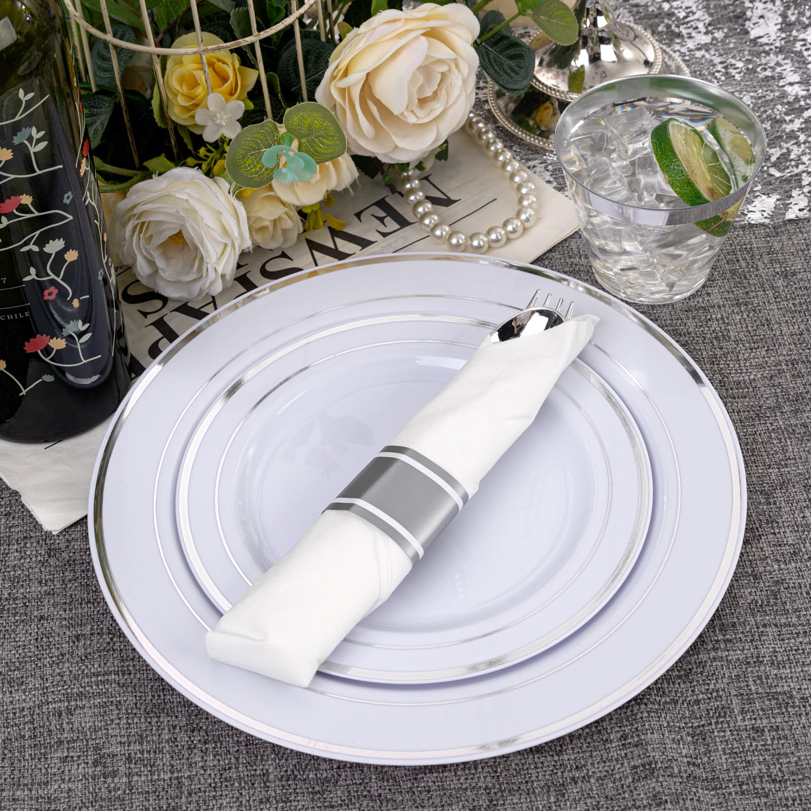 WELLIFE 350-Piece Silver Plastic Dinnerware Set - Disposable 10.25