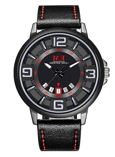 Menton Ezil Freizeit Quarz Herren-Armbanduhr Automatisch-mechanische Uhr Lederarmband Datumsanzeige wasserdicht Leuchtender Z