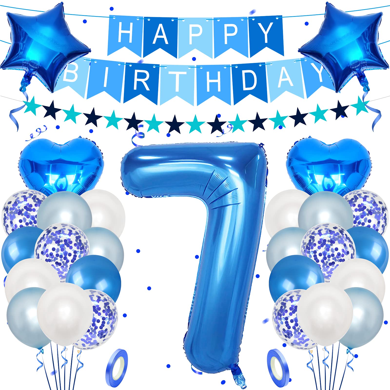Unisun 7th Birthday Decorations for boy, 40 inch Helium Foil Balloon Number 7 Light Blue White Confetti Latex Balloons, Happy Birthday Banner with Ribbon for 7 Year Kid Birthday Party Supplies