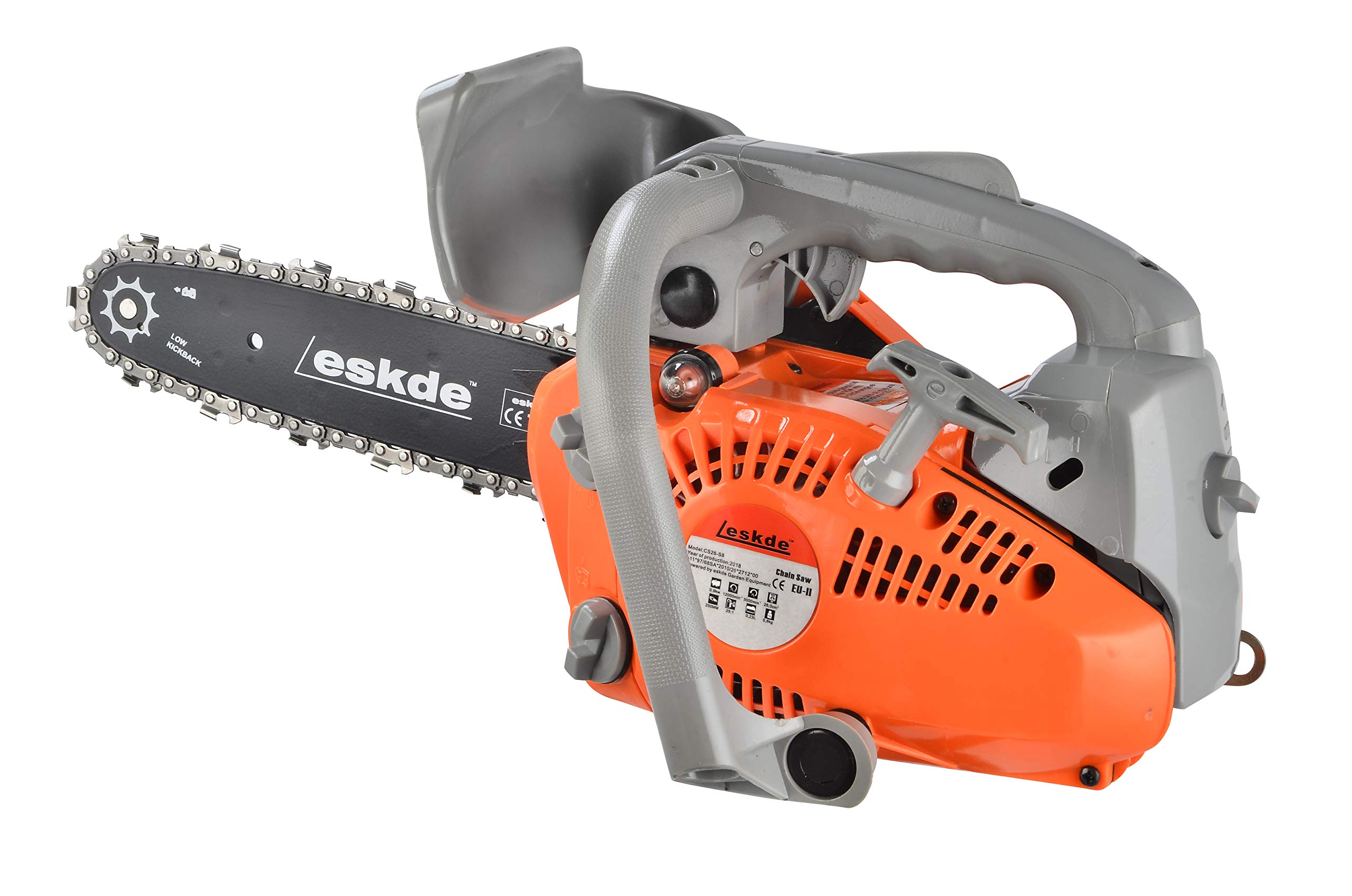 eSkde 26cc Top Handle Petrol Chainsaw 2 Stroke with 10" Cutting Bar supplied with 2 Chains Cover and Carry Bag