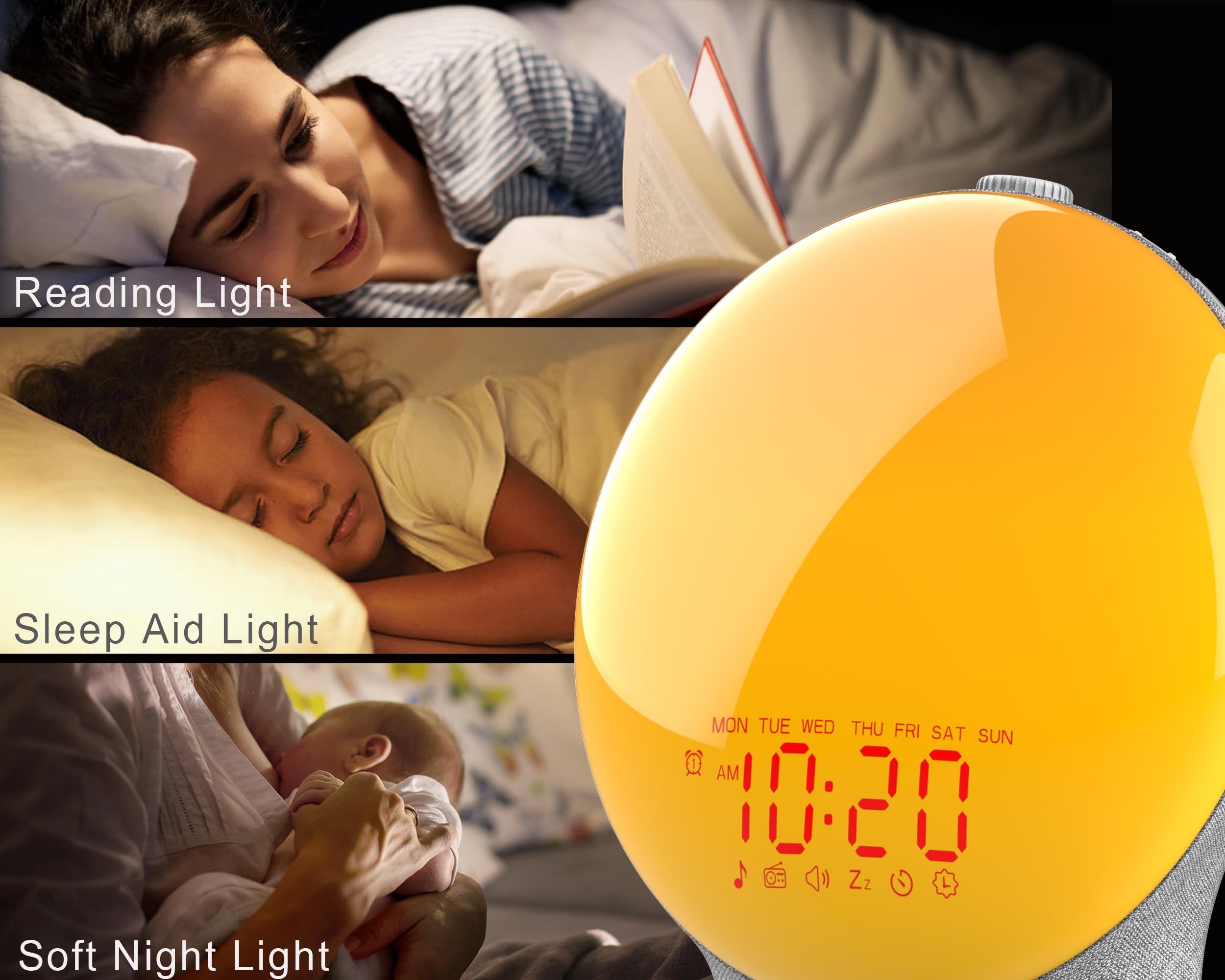 JALL Wake Up Light Sunrise Alarm Clock, Full Screen with Sunrise Simulation, Sleep Aid, Dual Alarms, FM Radio, 14 Colors, 7 Sounds, Fabric Light Gray