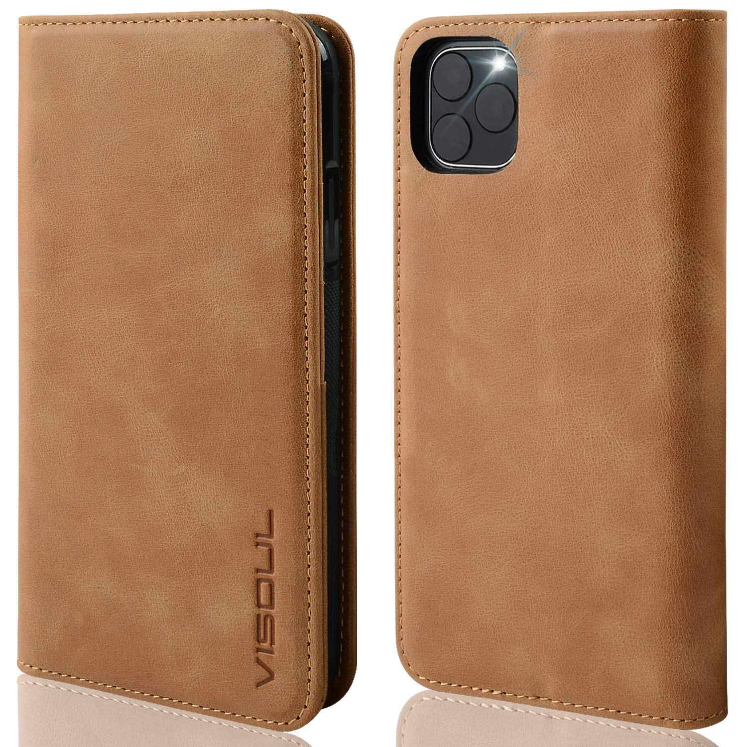 Wallet Case for iPhone 11 Pro, VISOUL Card Holder Genuine Leather Kickstand Magnetic Flip Case Cover For iPhone 11 Pro 5.8"(Tan)