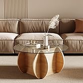 Honyee Round Glass Coffee Table, 30.7" Small Coffee Table with Tempered Glass Top and Wood Grain Base, Modern Circle Coffee Table for Living Room, Easy Assembly, Natural