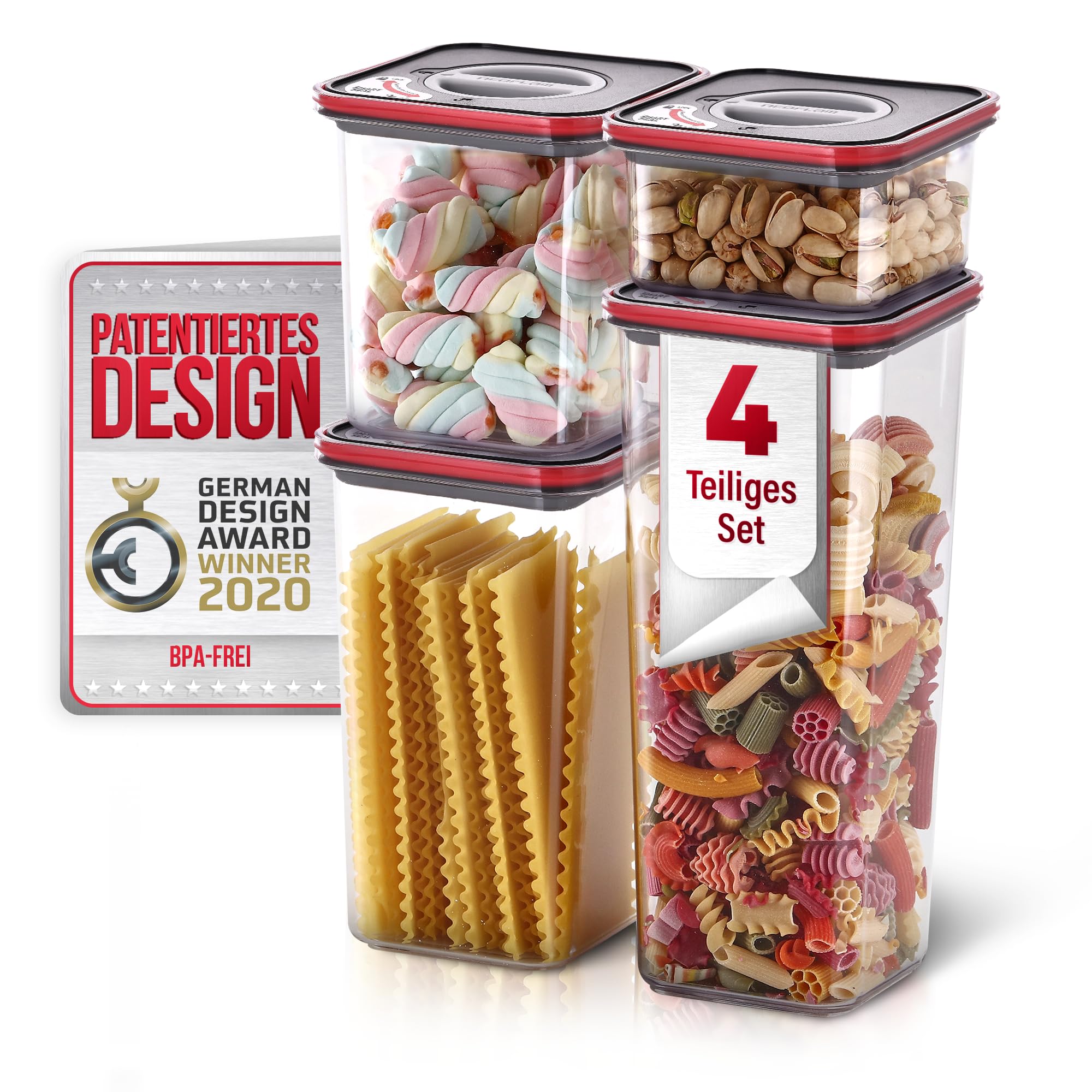 Neoflam - Smart Seal Storage Jars Set of 4 with Red Lids - Storage Box e.g. for Cereal, Flour - Storage Container Leak-Proof, Dishwasher Safe, BPA