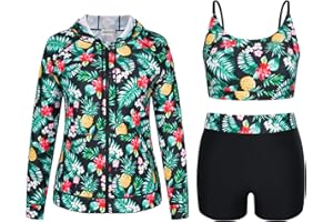 Hanna Nikole Women's Plus Size 3 Piece Rash Guard Long Sleeve Boyshort Swimsuits Zipper UPF 50+ Hooded Bathing Suit