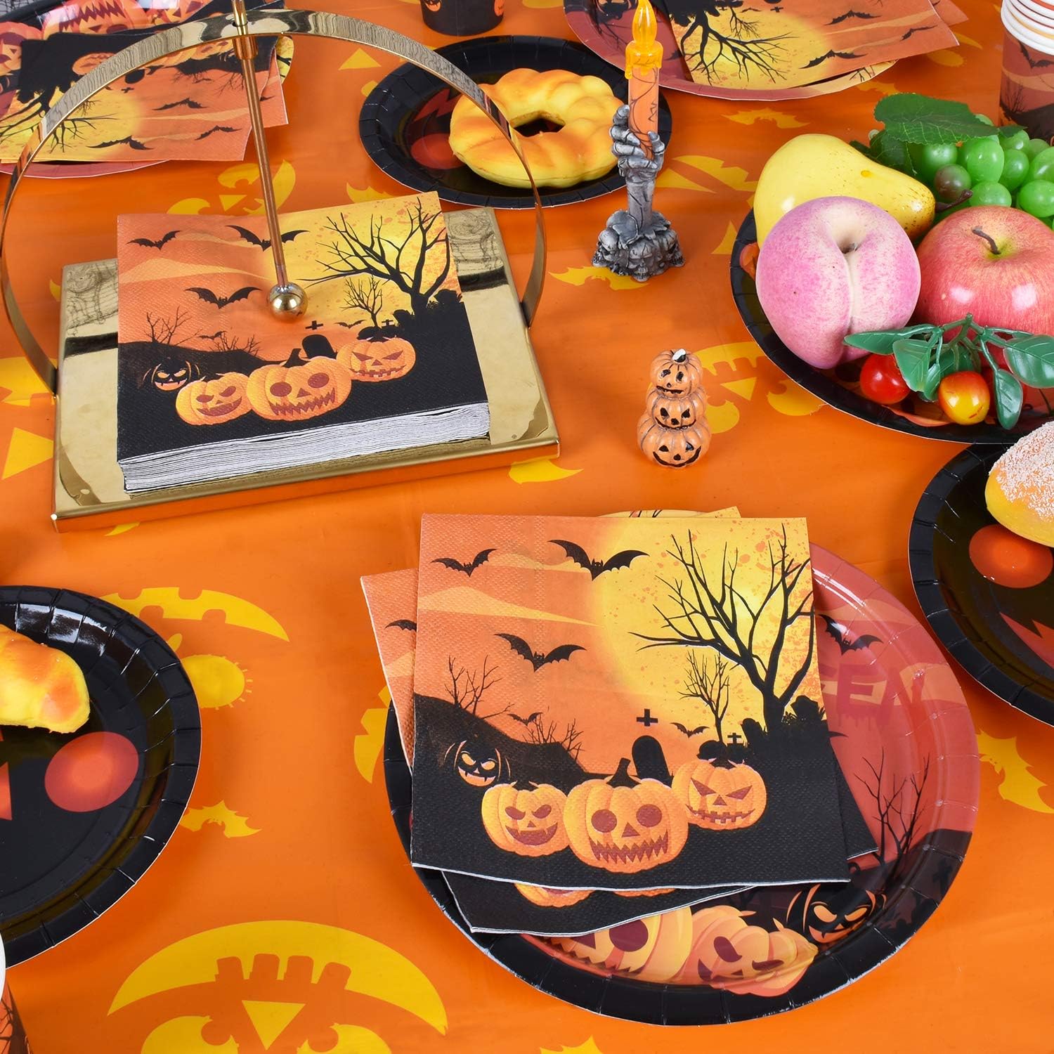Halloween Plates Cups Napkin Tablecloth Disposable Tablerware Serve 25 for Halloween Pumpkin Party Supplies: Kitchen & Dining