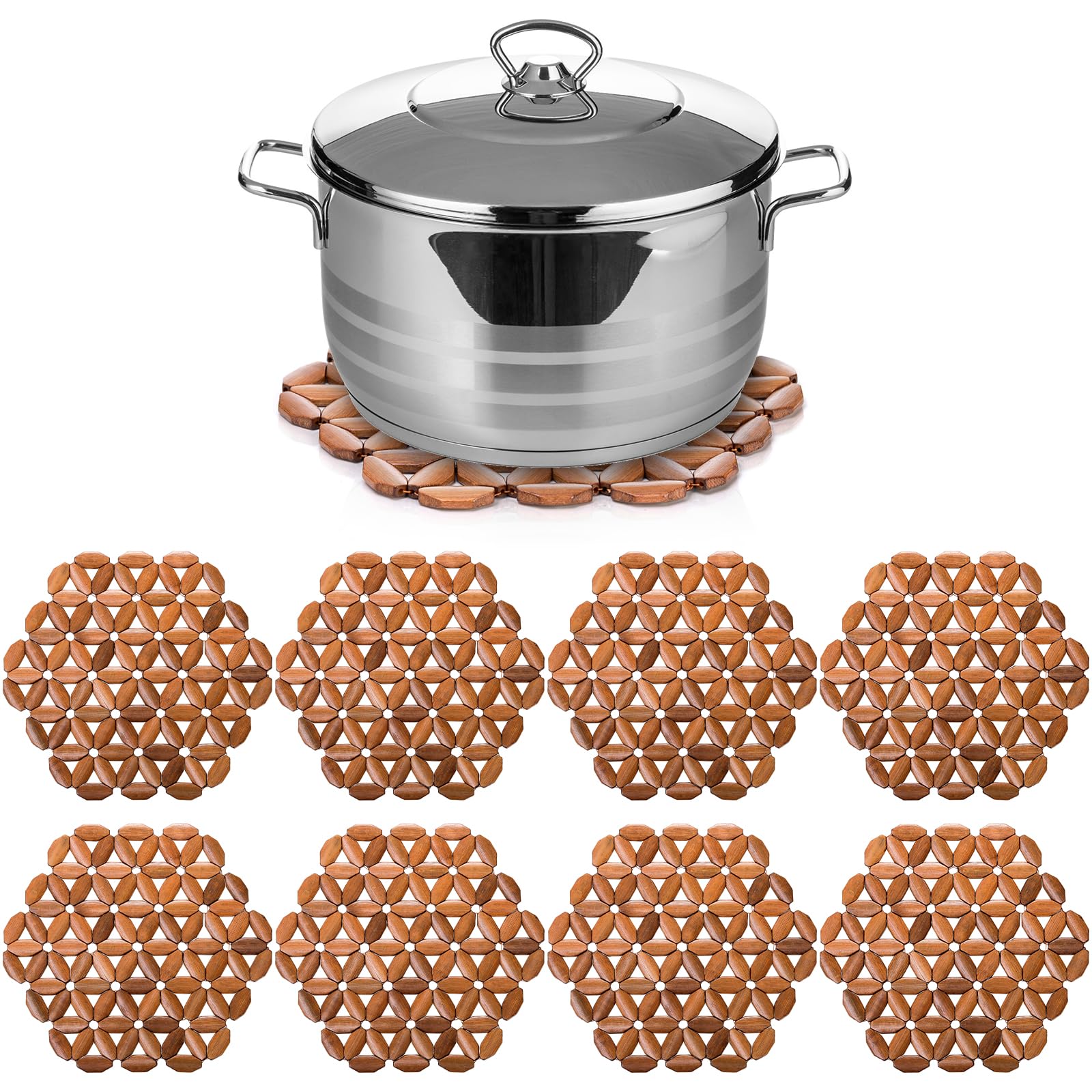 Photo 1 of **only 1, different design**Tlence 8 Pack Bamboo Trivet Mat, Bamboo Hot Plate Pad, Heat Resistant Table Counter Protector, Coaster for Hot Tea Coffee Pot Plates Pans Bowls, Festive Design Table Décor, Kitchen Gift Idea