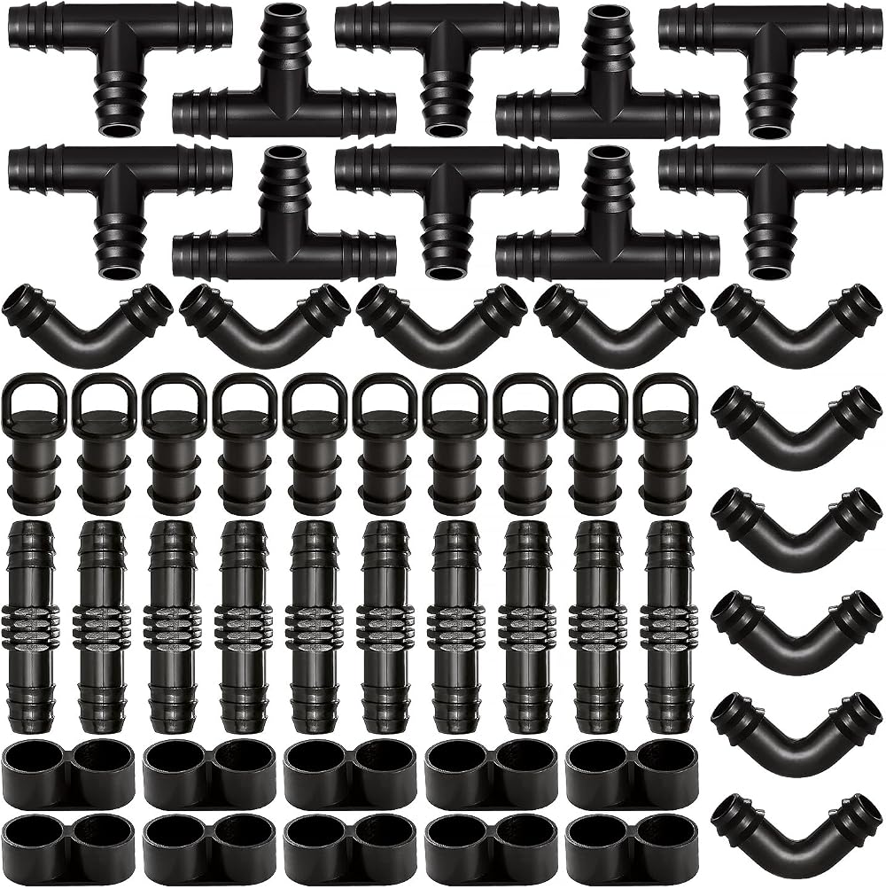 VooGenzek 50 PCS Drip Irrigation Fittings Kit 16mm Tubing Barbed Connectors