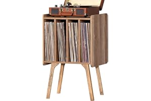 LELELINKY Record Player Stand,Vinyl Record Storage Table with 4 Cabinet Up to 100 Albums,Mid-Century Modern Turntable Stand with Wood Legs,Oak Grey Vinyl Holder Display Shelf for Bedroom Living Room