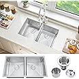 ATTOP Double Bowls Undermount Kitchen Sink,32 Inch Nano Coating Stainless Steel Handmade Undermount Double Bowls Kitchen Sink