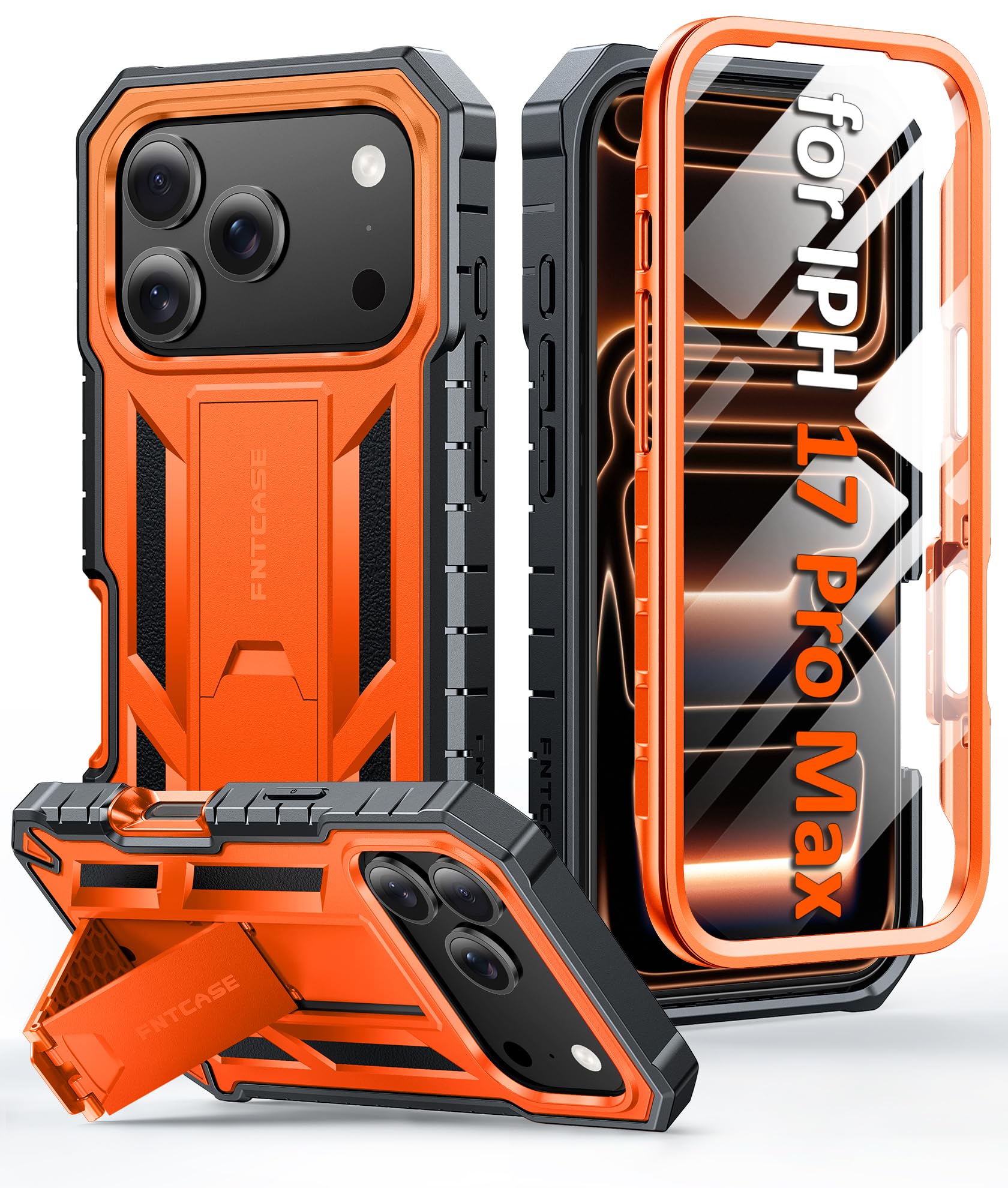 FNTCASE for iPhone 17 Pro Max Case with Built-in Screen Protector Kickstand