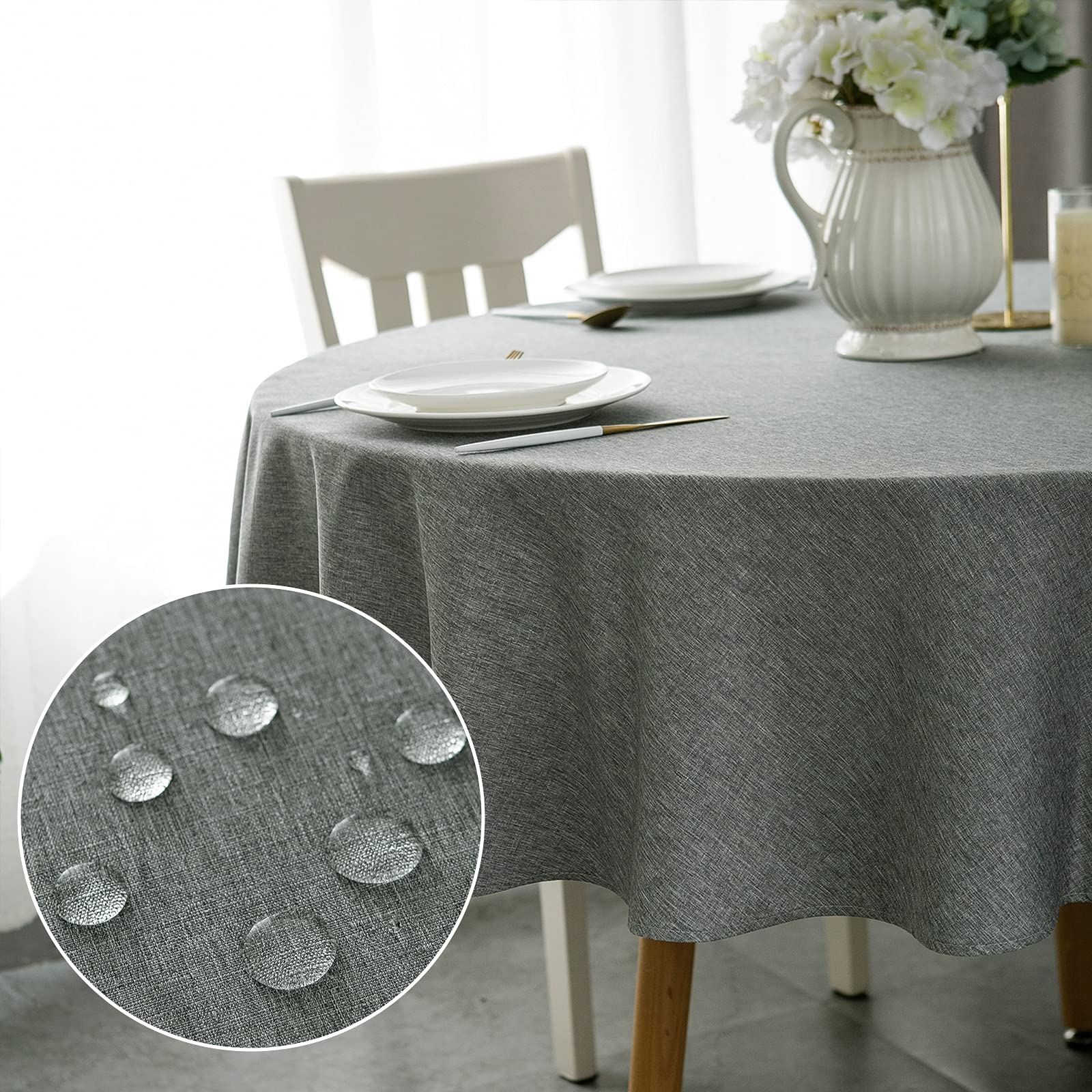 WELTRXE Round Table Cloth,120cm Diameter,Faux Linen Circular Tablecloth,Water Resistant Spill Proof Wipeable Polyester Dining Table Cover for Cafe Restaurant Buffet Tabletop Decoration,Grey