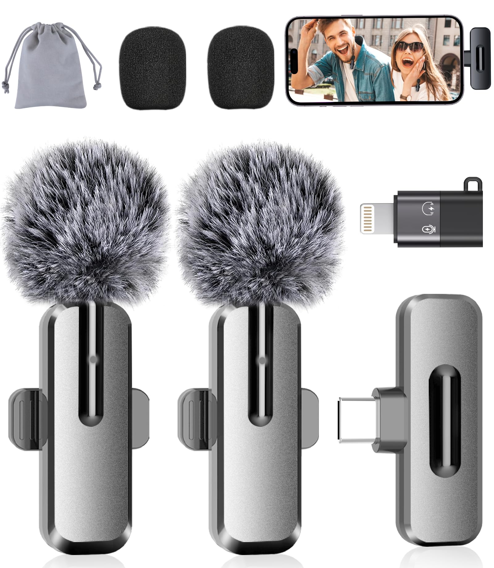 ZOPPLM Wireless Mini Microphone for iPhone - 2 Pack Lavalier Microphone for Video Recording, 2 in 1 Noise Reduction Lapel Mic for Ipad, Android, Clip on Mini Mic for Tiktok YouTube Vlog