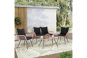 Verano Garden 4 Pieces Patio Furniture Set, Outdoor Wicker Patio Conversation Set for Porch Deck, Boho Loveseat & 2 Armchairs with Cushion and Pillow, Tempered Glass Table