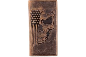 F&L CLASSIC Men's RFID Vintage Look Genuine Leather Long Bifold Wallet Checkbook Wallets,brown flag skull,240-103