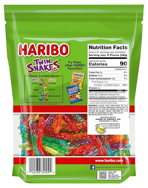 HARIBO GUMMI CANDY, TWIN SNAKES SWEET & SOUR GUMMY CANDY, 28.8 OUNCE RESEALABLE PARTY SIZE STAND UP BAG, SOFT & CHEWY SNACKS, ASSORTED FRUITY FLAVORS
