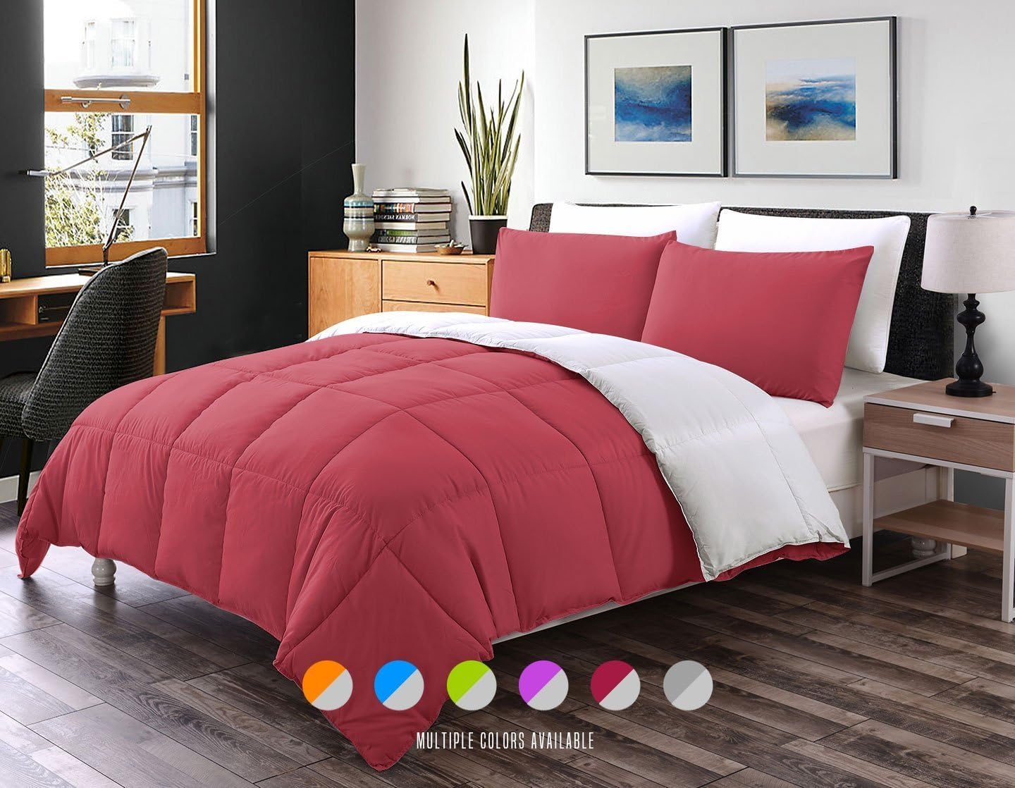 Luxe Bedding 3-PCS Reversible Down Alternative Quilted Duvet / Comforter Set - All Season Hotel Quality (King, Burgundy / Gray)