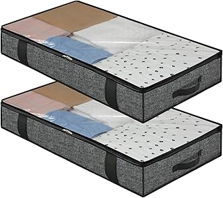 homyfort 2 Stück Premium Unterbettkommode mit Sichtfenster, Unterbett-Aufbewahrungstasche Kleideraufbewahrung, Decken Organisator Lagerbehälter, 4 Haltegriffen, 100x50x15cm, Schwarz Leinen, DEXAUBBP2
