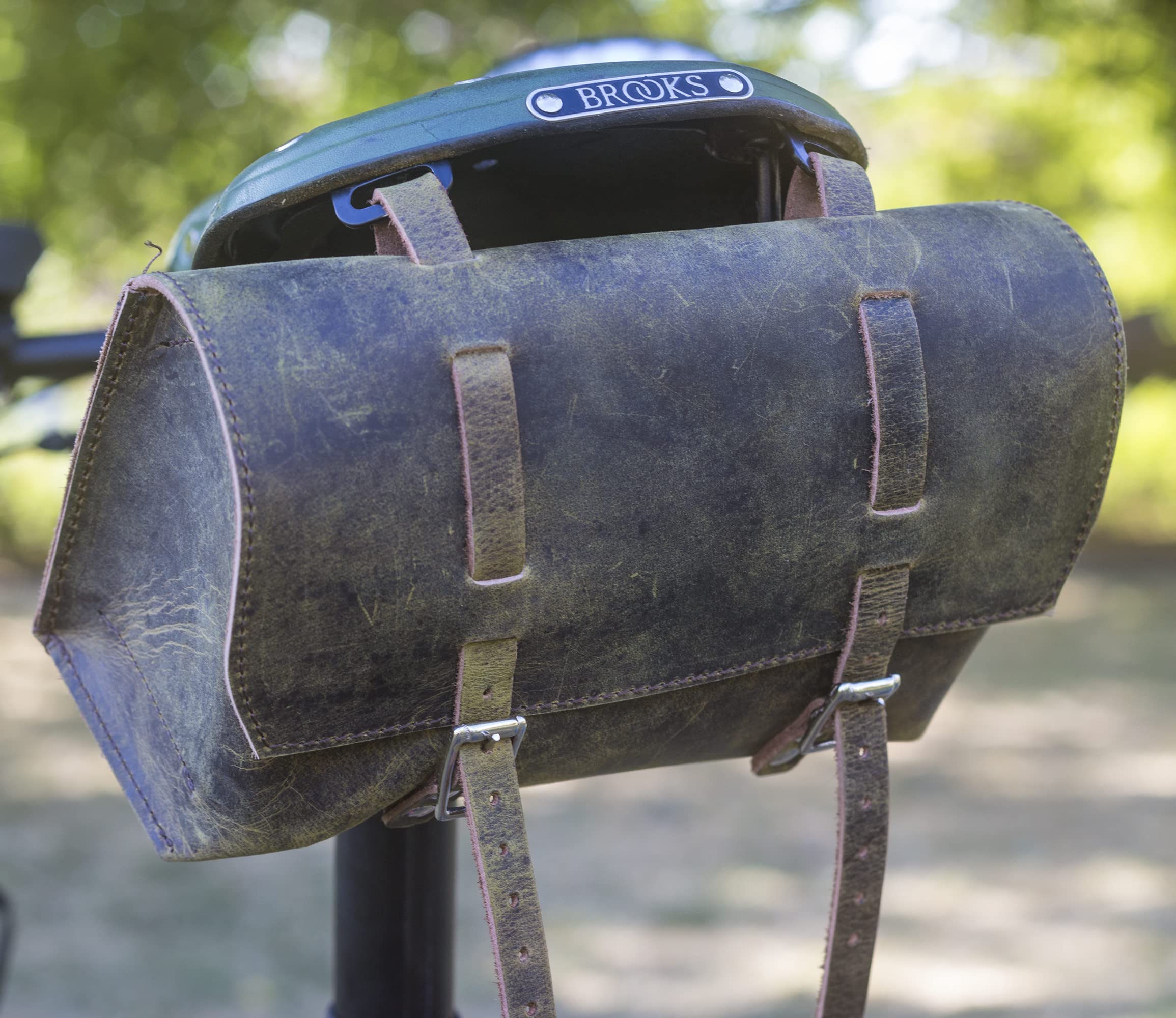 London Craftwork Large Natural Leather Bicycle Bag Saddle Handlebar Handcrafted Leather RAW Army Green