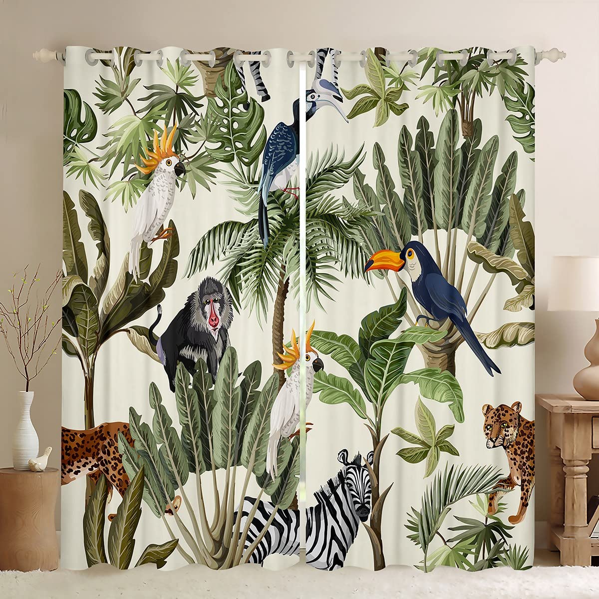 Loussiesd Palm Tree Print Window Curtains for Bedroom Living Room Leopard Zebra Competition Curtains Tropical Nature Theme Windows Drapes Wild Animal Pattern Room Decoration,W46*L54 — image 1