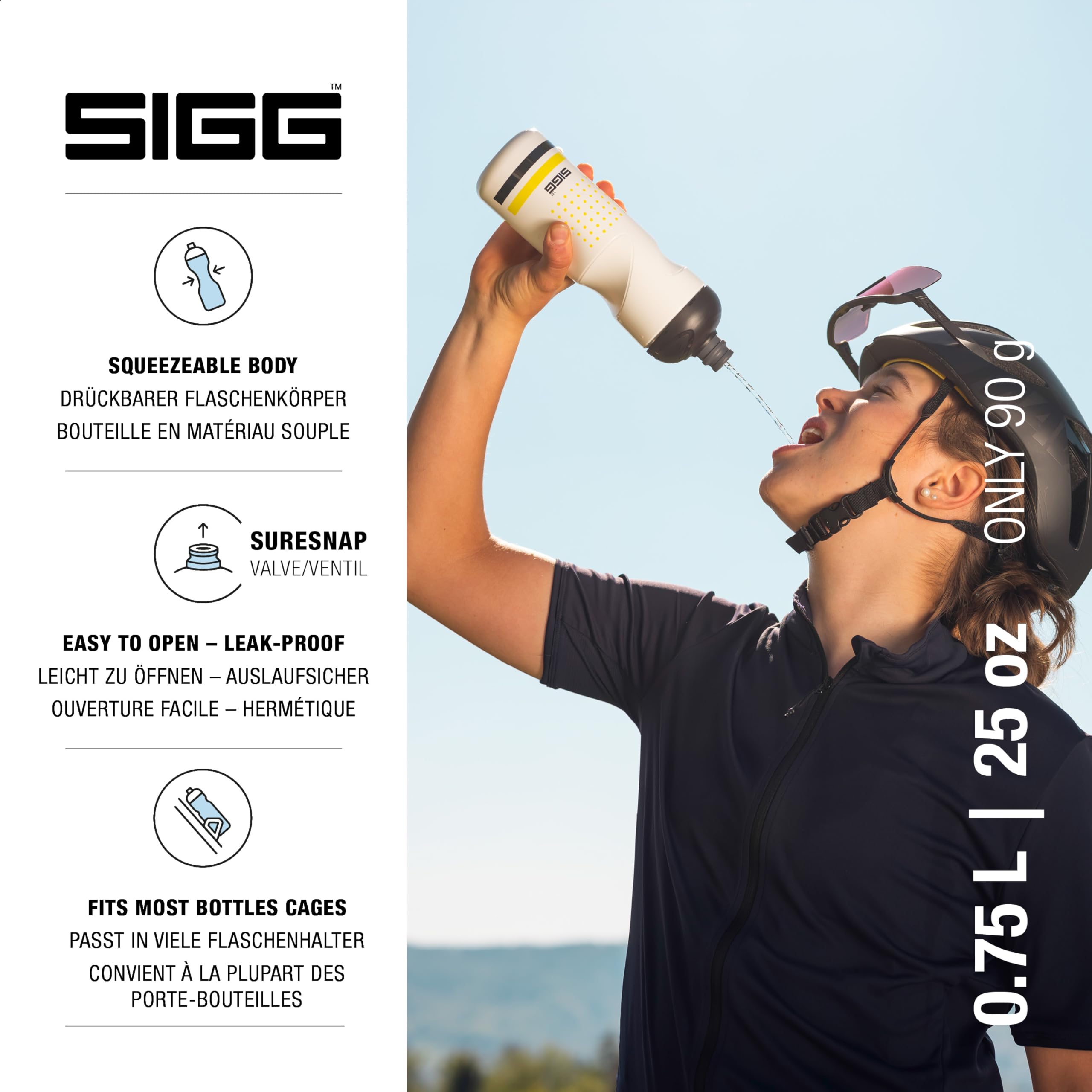 Sigg - Fahrrad Trinkflasche - Pulsar White - Quetschbar - Spülmaschinenfest - Federleicht - Auslaufsicher - BPA-frei - Sport & Fahrrad Zubehör - Weiß & Gelb - 0,75L 2