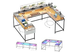 79" u-Shaped Computer Desk with Power Outlets & RGB LED Lights - Reversible l-Shaped Office Desk, Full Monitor Stand, Modern 