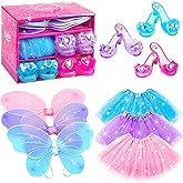 BIBUTY Princess Dresses with Fairy Wings, Dress Up Clothes Pretend Play Costumes Trunk with 3 Sets of Princess Dress Up Shoes, Glitter Girls Tutu Skirts and Butterfly Wings, Toys for 3-6 yr Girls