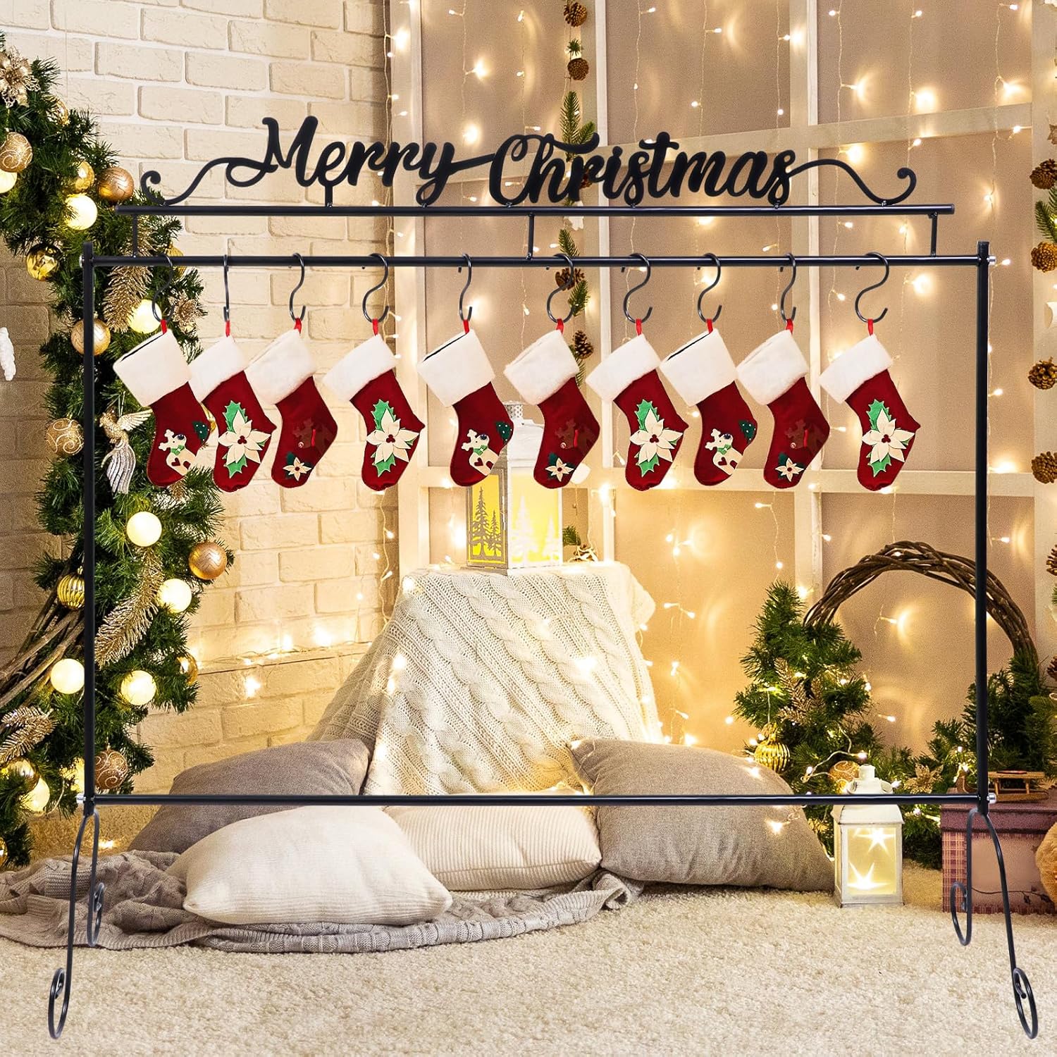 Stockings & Holders - Soaoo Metal Christmas Stocking Holder Stand with 10 Hooks 33.5 x 30 x 8.3 Inch Heavy Duty Freestanding Rack Black Merry Christmas Stocking Holder for Floor Holiday Decor Garland