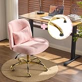 VINGLI Wide Criss Cross Legged Office Chair,Buttprint Ergonomic Desk Chair Comfy with Pillow&amp;Gold Base,Dual-Use with/no Wheels,Adjustable Vanity Swivel Chair for Bedroom,Home Office,Teddy Fleece,Pink