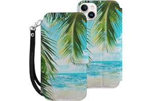 ZHANLEI Tropical Beach Plant Theme Printed Phone Wallet Case for iPhone 15 Plus, PU Leather Flip Phone Cases Cover with Card 