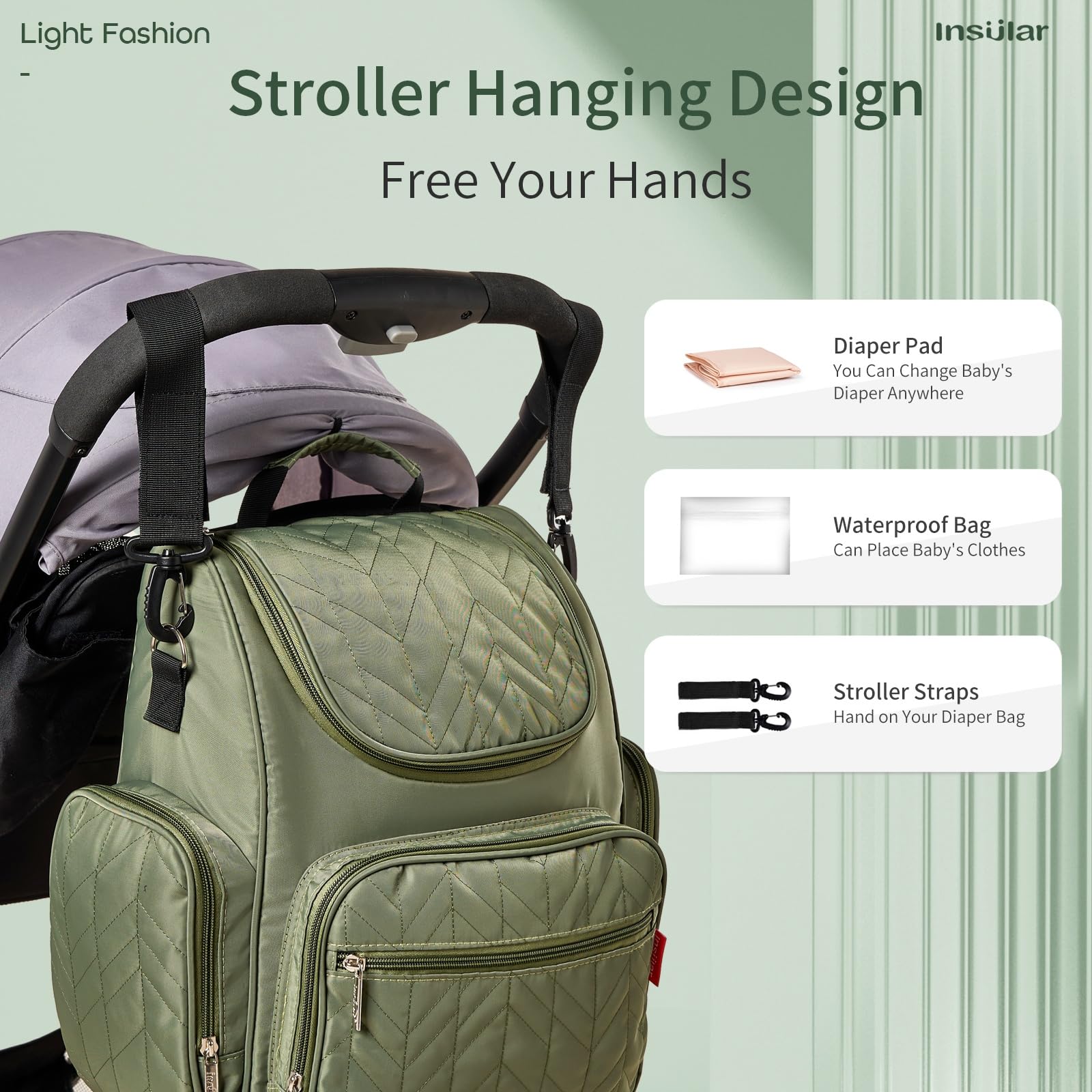insular Diaper Bag Backpack, Multi-Function Travel Back Pack, Waterproof Changing Bag for Mom Girls, Large Capacity Baby Bag with Stroller Straps and Changing Pad, Green
