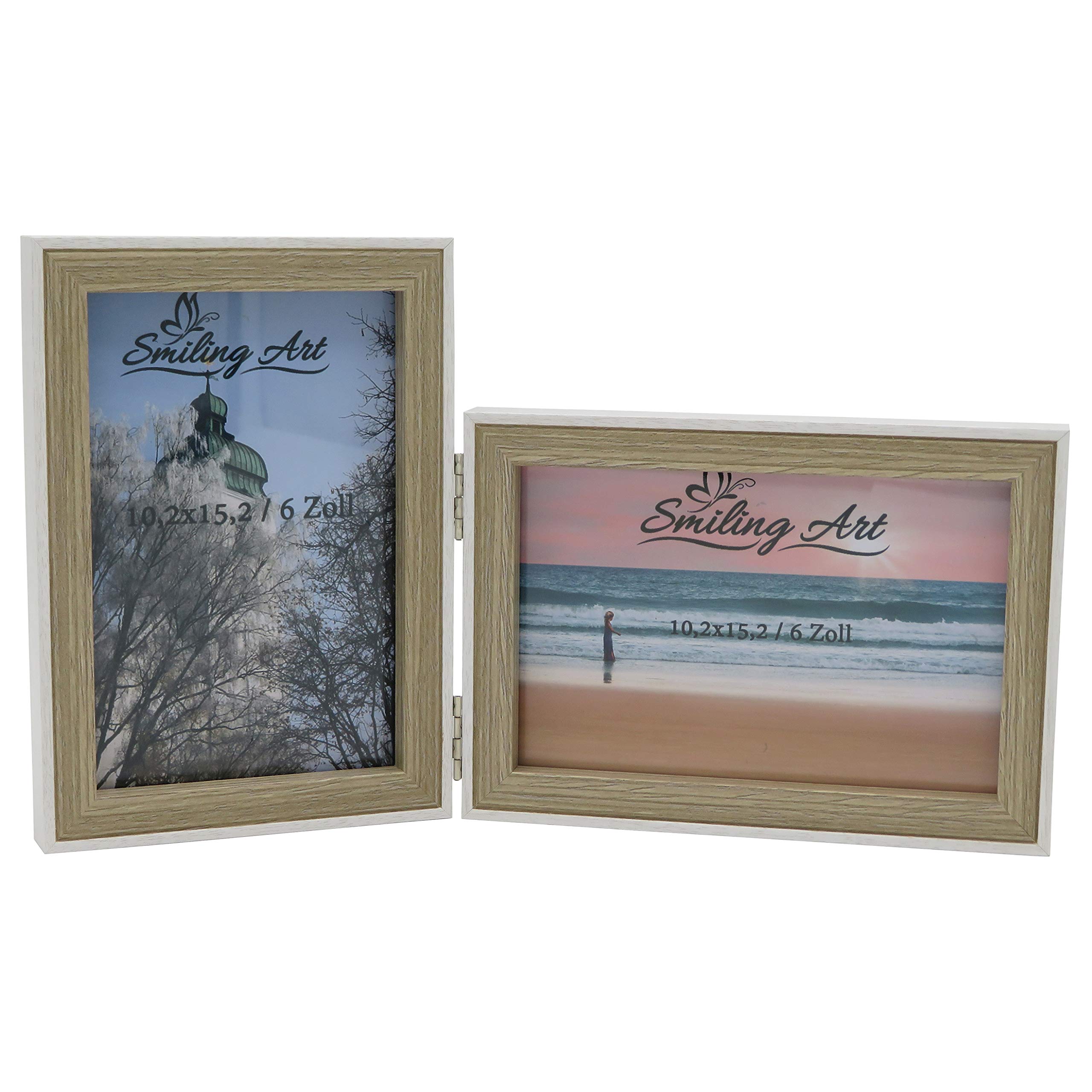 Smiling Art | Double Picture Frame | 10x15 cm made of MDF wood with glass | foldable photo frame for 2 photos | for standing or hanging | landscape and portrait format (White & Beige, 2x10x15 cm) — image 1