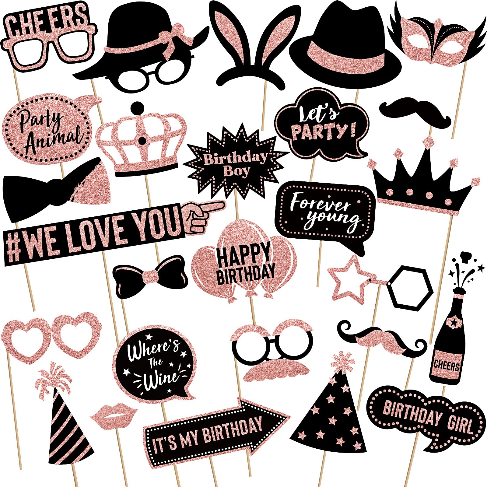 Tenare 36 Pcs Gold Birthday Photo Booth Props, Large Gold Birthday Party Photobooth Props with Glitter for Woman Parties Supplies(Black, Rose Gold)