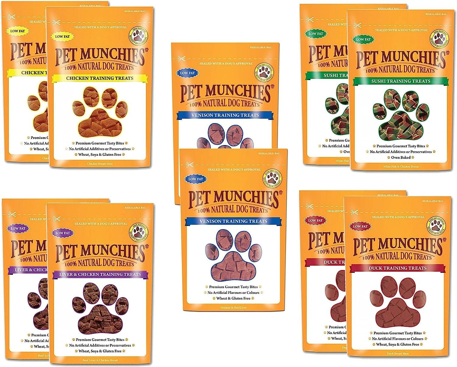 Pet Munchies Training Treats Mixed Pack of 10 - Chicken, Chicken & Liver, Sushi, Duck, Venison | All 5 Varieties in 1 Smart Bundle UK Trademark
