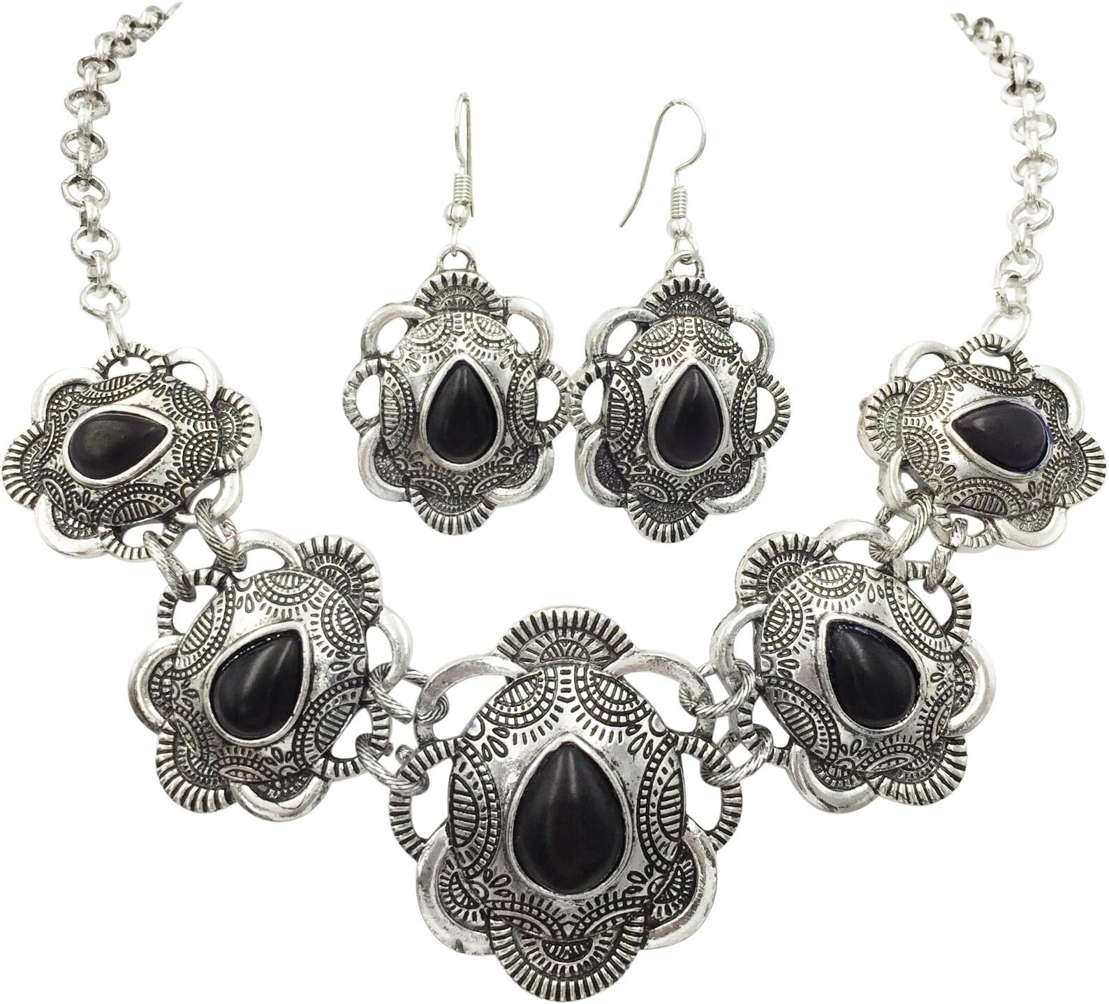 Gypsy Jewels Unique Western Style Silver Tone Necklace and Earrings Set