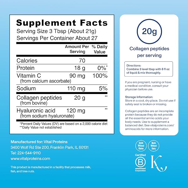 VITAL PROTEINS COLLAGEN PEPTIDES POWDER ADVANCED WITH HYALURONIC ACID & VITAMIN C, 20OZ COLLAGEN PROTEIN, UNFLAVORED, 27 SERVINGS