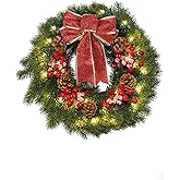 MorTime 16 Inches LED Christmas Wreath with Pinecones Red Berries, Red Bowknot Lighted Christmas Wreath with 40 LED Warm White Lights for Winter Holidays Home Decoration